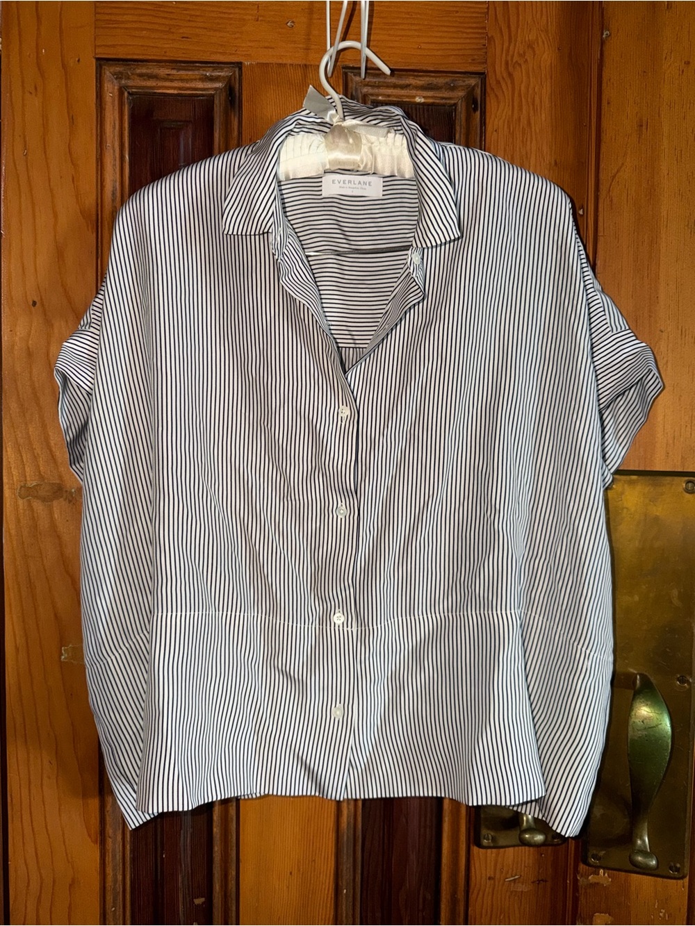 Everlane White and Navy Vertical-Stripe Short Sleeve Button-Up